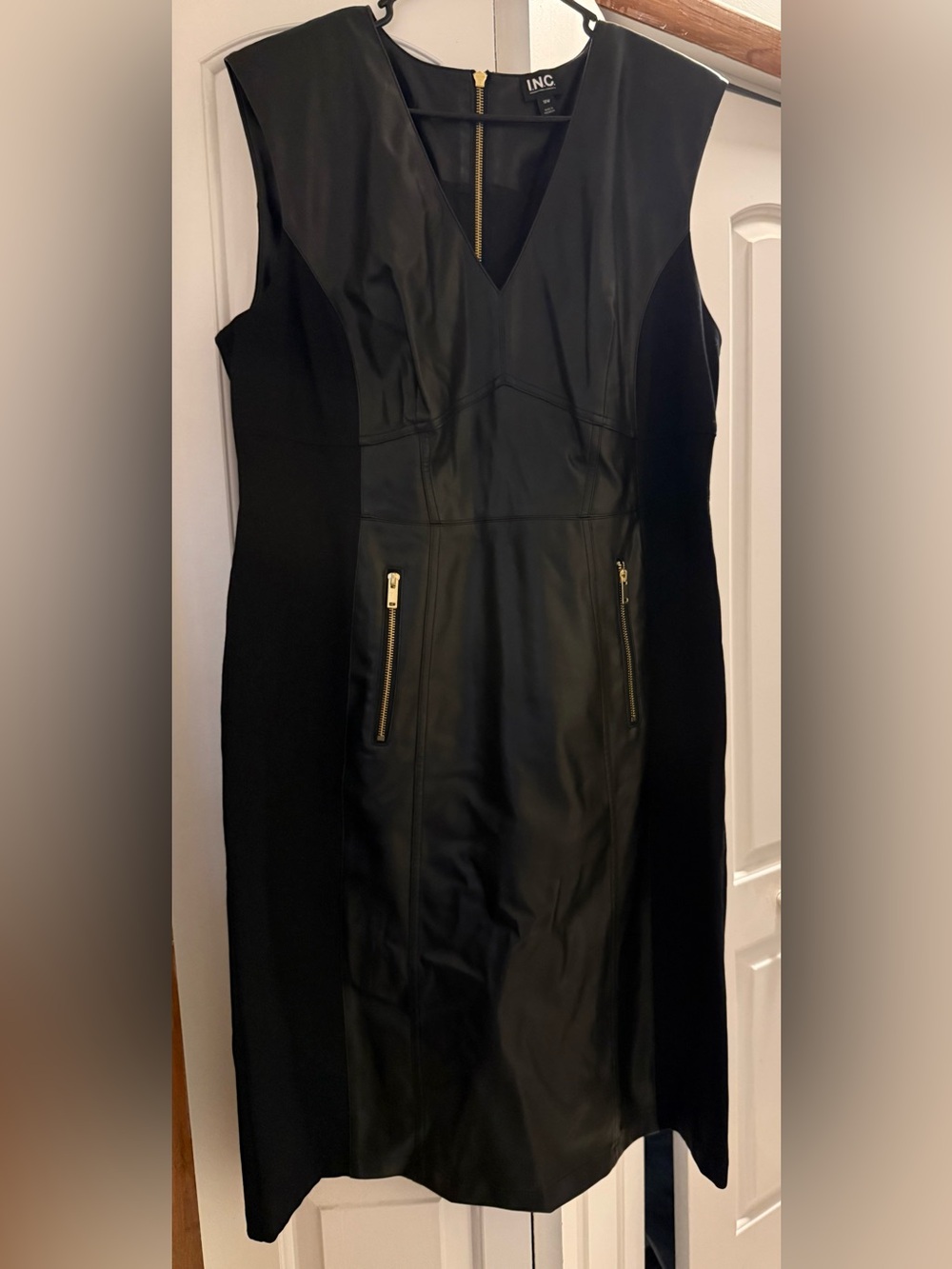 INC International Concepts Black Faux Leather Panel Sheath Dress Coat